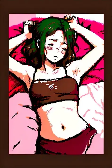 <lora:zxs:1> , zxs, limited palette, blush, brown hair, closed eyes, highres, midriff, navel, sleeping