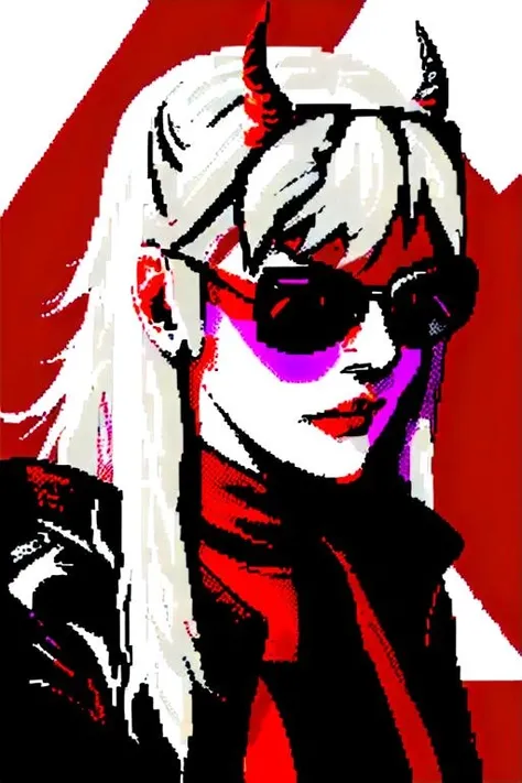 horned young woman with white hair, in black sunglasses, in red shirt and black jacket, zxs <lora:zxs:1>