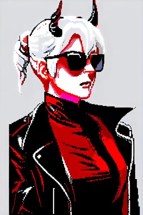 horned young woman with white hair, in black sunglasses, in red shirt and black jacket, zxs <lora:zxs:1>