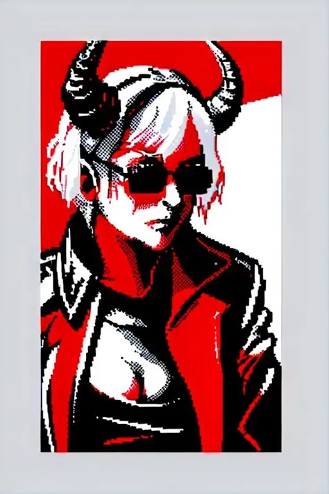 horned young woman with white hair, in black sunglasses, in red shirt and black jacket, zxs <lora:zxs:1>