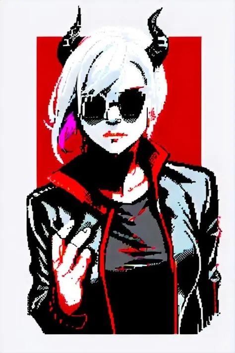 horned young woman with white hair, in black sunglasses, in red shirt and black jacket, zxs <lora:zxs:1>