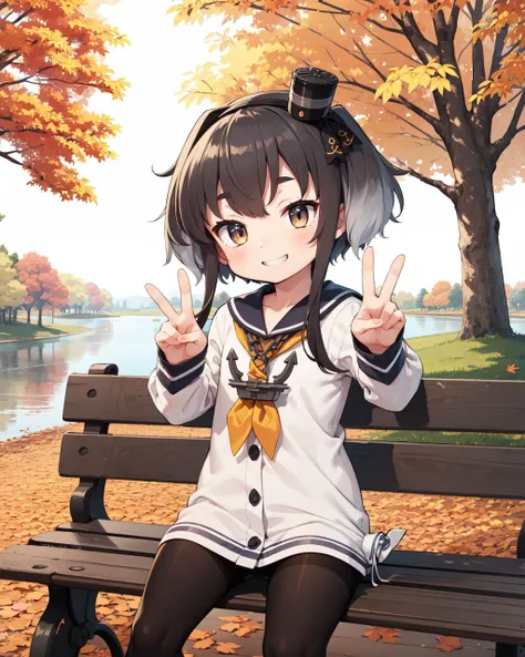 masterpiece, best quality, highly detailed
river, tree,Autumn park,(Autumn Theme:1.3), Autumn Leaves,Park benches
peace sign
outdoors, simple background,
little child, Confident Daughter,gently smile grin , ^_^, , , ,
,, ,<lora:Tokitsukaze:0.8>,tokitsukaze, sailor dress, black pantyhose, mini hat, yellow neckerchief,