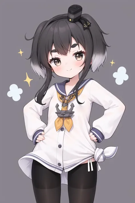 1girl, <lora:Tokitsukaze-000015:1>, tokitsukaze, sailor dress, black pantyhose, mini hat, yellow neckerchief, smile, sparkle, v-shaped eyebrows, hands on hips,