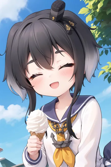1girl, <lora:Tokitsukaze-000015:1>, tokitsukaze, sailor dress, standing, :D, closed eyes, holding ice cream, outdoors, close-up, upper body, smile, open mouth, happy,