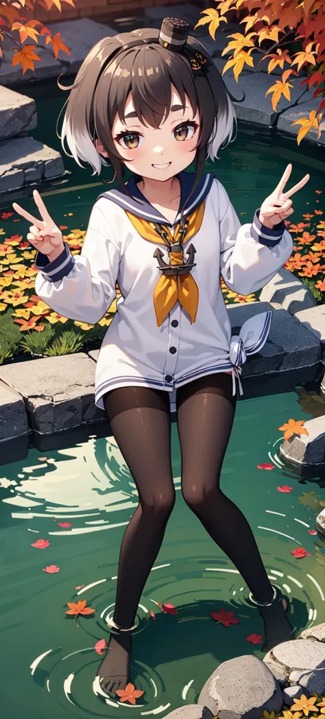 masterpiece, best quality, highly detailed
river, tree,Autumn park,(Autumn Theme:1.3), Autumn Leaves,
peace sign,, Naughty child , ,child feet up
,,Pond, Koi,fish
outdoors, simple background,
little child, Confident Daughter,gently smile grin , ^_^, , , ,
,, ,<lora:Tokitsukaze:0.8>,tokitsukaze, sailor dress, black pantyhose, mini hat, yellow neckerchief,,