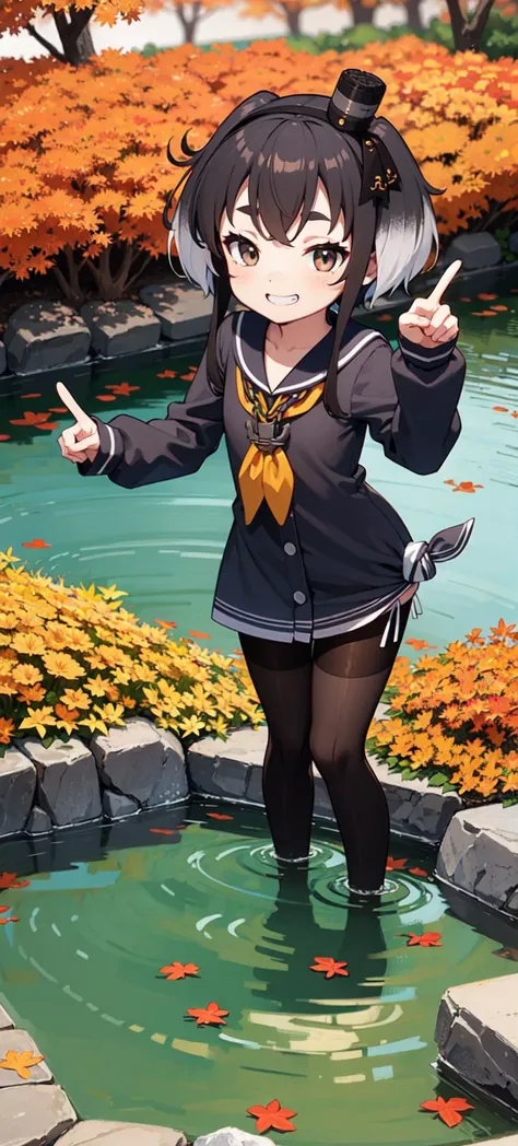 masterpiece, best quality, highly detailed
river, tree,Autumn park,(Autumn Theme:1.3), Autumn Leaves,
peace sign,, Naughty child , ,child feet up
,,Pond, Koi
outdoors, simple background,
little child, Confident Daughter,gently smile grin , ^_^, , , ,
,, ,<lora:Tokitsukaze:0.8>,tokitsukaze, sailor dress, black pantyhose, mini hat, yellow neckerchief,,