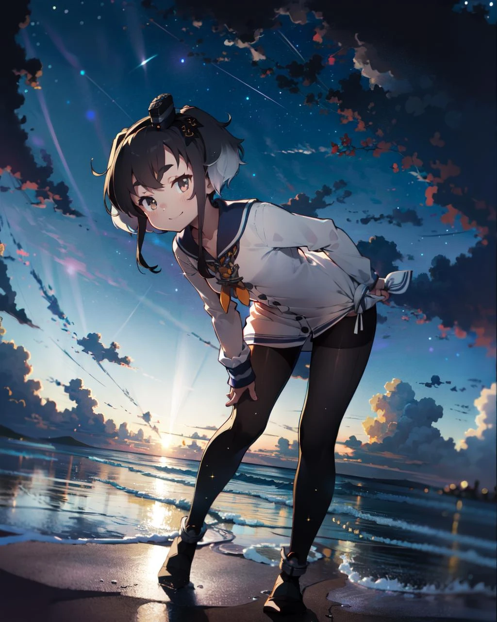 masterpiece, best quality, highly detailed
ite girl, , gently smile, ,full body,  from below, cowboy shot, bent over, 
,,<lora:Tokitsukaze:1>,tokitsukaze, sailor dress, black pantyhose, mini hat, yellow neckerchief, yellow eyes,  
,,simple background, ,, Waves,  Backlight,twilight , night sky, dark theme, Galaxy , Starlight ,  ,beach
,,