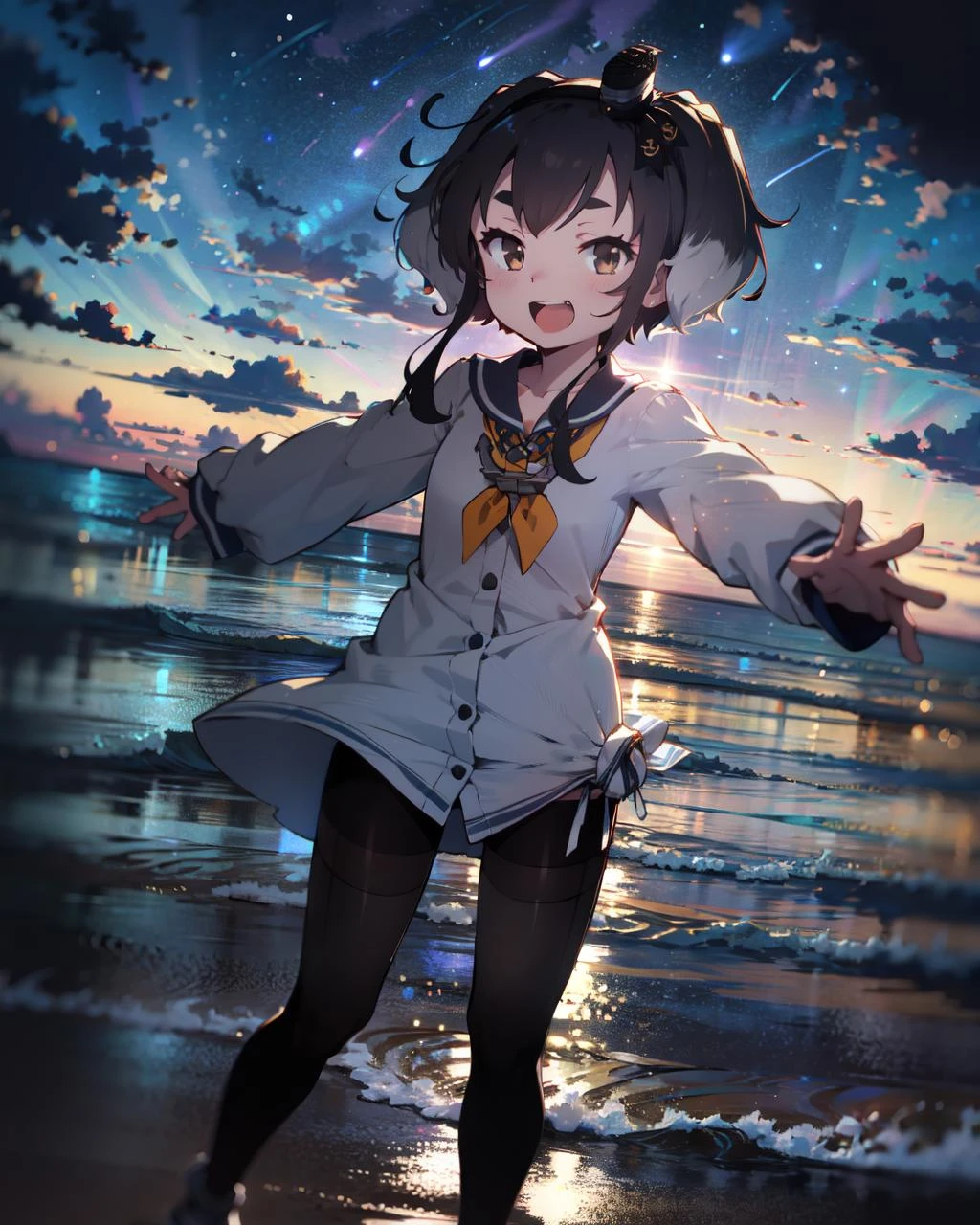 masterpiece, best quality, highly detailed
,, girl, , gently smile, ,full body,  from below, cowboy shot,  paw pose,  arms up,  open arms,  open mouth, 
,,<lora:Tokitsukaze:1>,tokitsukaze, sailor dress, black pantyhose, mini hat, yellow neckerchief, yellow eyes,  
,,simple background, ,, Waves, (sunset:0.5), Backlight,twilight , night sky, dark theme, Galaxy , Starlight ,beach
,,