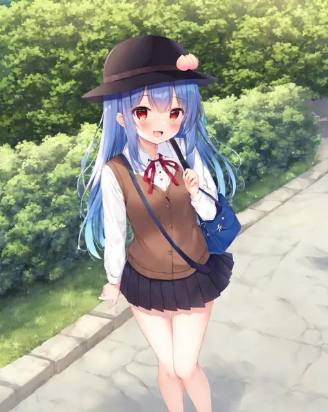 masterpiece, best quality, 1girl, :d, bag, bare legs, black headwear, black skirt, blue bag, blue hair, blush, brown vest, bush, collared shirt, day, long hair, long sleeves, miniskirt, neck ribbon outdoors, peach hat ornament, pleated skirt, puffy sleeves, red eyes, red ribbon, ribbon, shirt, shoulder bag, skirt, smile, solo, very long hair, vest, white shirt