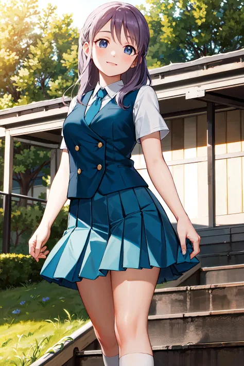 masterpiece, best quality, highres, aafuyuka, long hair, school uniform, blue necktie, blue vest, pleated skirt, blue skirt, white socks, <lora:kudou_fuyuka_v1:0.7>, standing, cowboy shot, outdoors, smile,
