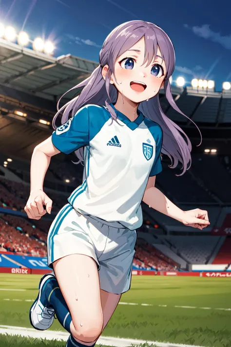 masterpiece, best quality, highres, aafuyuka, long hair, soccer uniform, <lora:kudou_fuyuka_v1:0.7>, stadium, running, grass, smile, open mouth, sweat