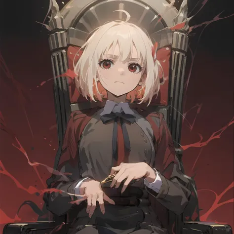 shinkai makoto, kimi no na wa.,girl,blond hair,solo,red eyes,short hair,
(queen),(high heels:1.2),(sitting),(throne),(looking down),(imposing),(regal),(powerful),(dramatic lighting)