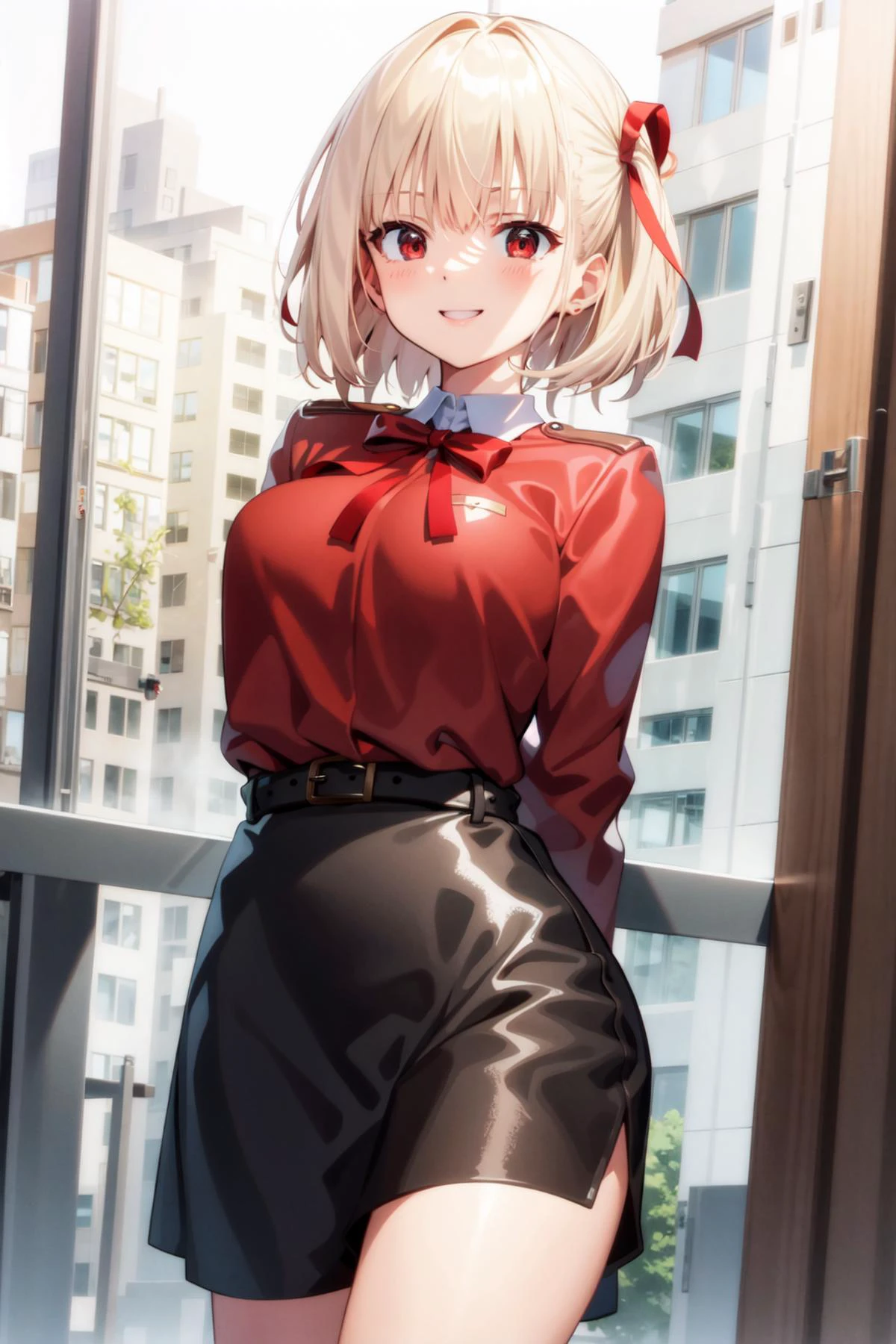 masterpiece, best quality, illustration, 8k wallpaper, city,
AND
masterpiece, best quality, illustration, 8k wallpaper, <lora:lycorisRecoil_chisatoV10:0.5>, red_jacket, ribbon,red_eyes,blond hair,short hair,hair_ribbon,smile, arms behind back