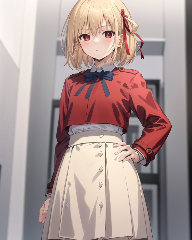 Anime girl in a red shirt and white skirt standing in a hallway - SeaArt AI