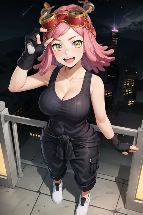 MeiS2, 1girl, solo, pink hair, goggles, goggles on head, symbol-shaped pupils, smile, yellow eyes, big breasts, hourglass body, cowboy shot, looking at viewer, gloves, collarbone, black gloves, medium hair, tank top, open mouth, cleavage, clothes around waist, shirt, pants, standing, black tank top, bare shoulders, fingerless gloves, sleeveless, black shirt, hourglass body, curvy, wide hips, (from above:1.3), outdoors, sky, clouds, night, stars, starfield, balcony, lights, neon lights, skycrapper, :d, city,
<lora:MeiS2:0.7>