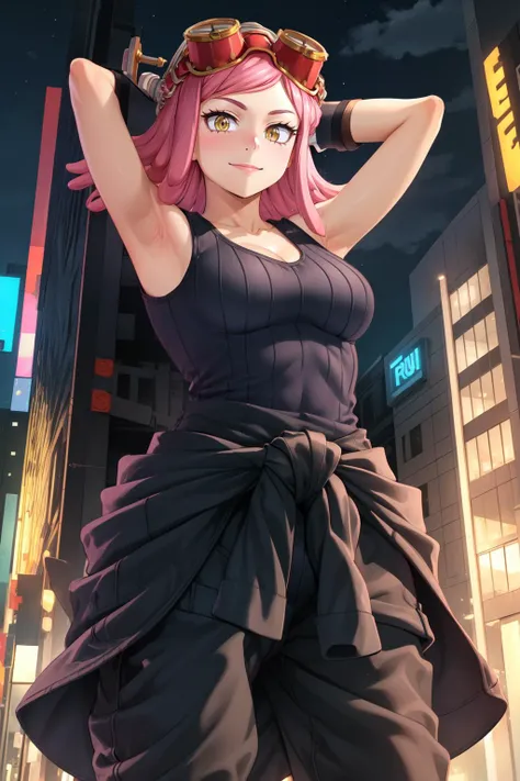 MeiS2, 1girl, solo, pink hair, goggles, goggles on head, symbol-shaped pupils, smile, yellow eyes, large breasts, hourglass body, cowboy shot, looking at viewer, gloves, collarbone, black gloves, medium hair, tank top, closed mouth,arms behind head, arms up, armpit, cleavage, clothes around waist, shirt, pants, standing, black tank top, bare shoulders, fingerless gloves, sleeveless, black shirt, outdoors, night, city, sky, buildings, neon city, bushes, hourglass body,  (from below:1.2),
BREAK masterpiece, best quality, highly detailed background, perfect lightingbest quality ((shiny skin, glossy skin, detailed skin)),
 <lora:MeiS2:0.8>