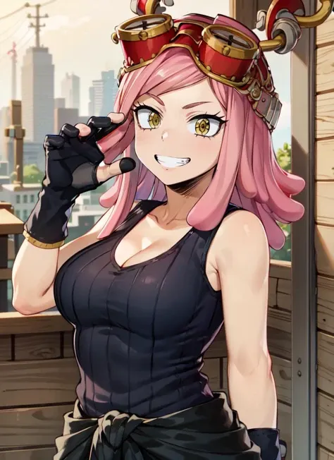 ((best quality)), ((highly detailed)), absurdres, (detailed eyes, deep eyes), (1girl), upper body, <lora:MeiS2-Moka19:.9>, MeiS2, pink hair, medium hair, yellow eyes, symbol-shaped pupil, goggles on head, large breasts, grin, black tank top, bare shoulders, cleavage, clothes around waist, black pants, black gloves, fingerless gloves, (inside, at a cabin)