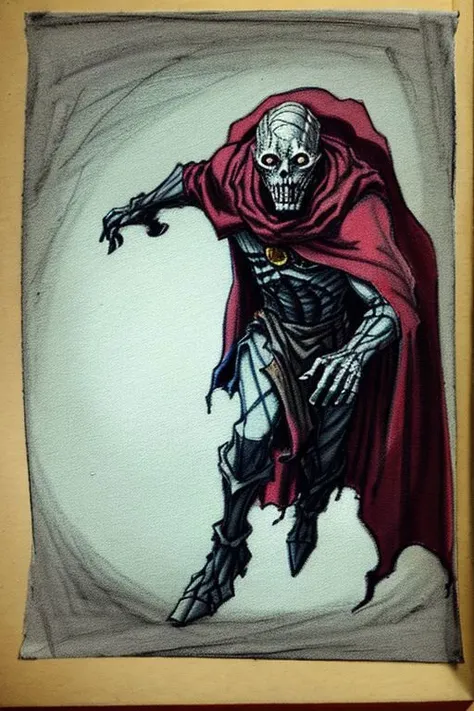 wight wearing a cape, approaching the viewer, evening hours, dim lighting, crayon sketch