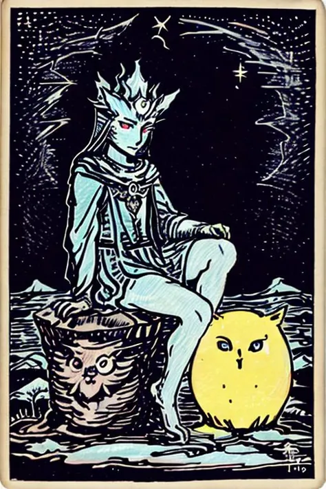 wight, night, an owl, a big rock, unsettling, in the background is new moon and starry sky
