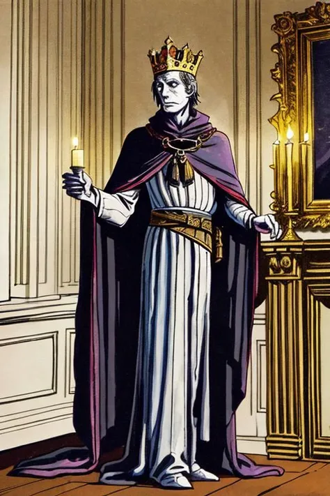 wight wearing a cape and diadem , standing near a mantle, dim lighting, royal painting