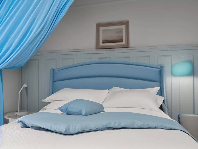 1 luxury minimalistic bed in left, night table right, ((sateen sheets color sky blue)), full crystal panel background, simetric, 4k, arquitecture, minimal furniture, (focus on bed), by Philippe Starck