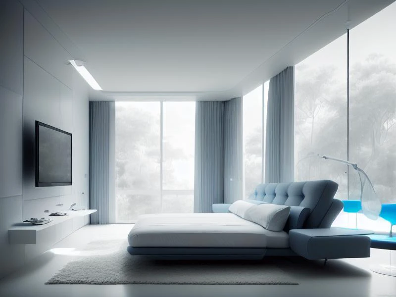 1 modern minimalistic bed in center ,(blue sateen bed sheets), full cristal panel background, simetric, 4k, arquitecture, minimal furniture,  <lora:BedroomAI:1>, white walls, by Marcel Wanders, (focus on bed)