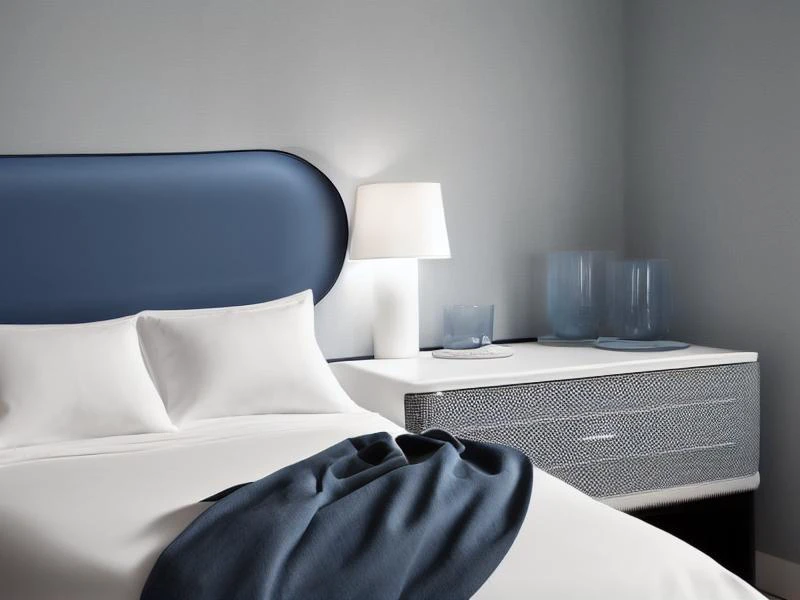 1 modern minimalistic bed in center, ((sateen sheets color blue)), full crystal panel background, simetric, 4k, arquitecture, minimal furniture, by Marcel Wanders, (focus on bed)