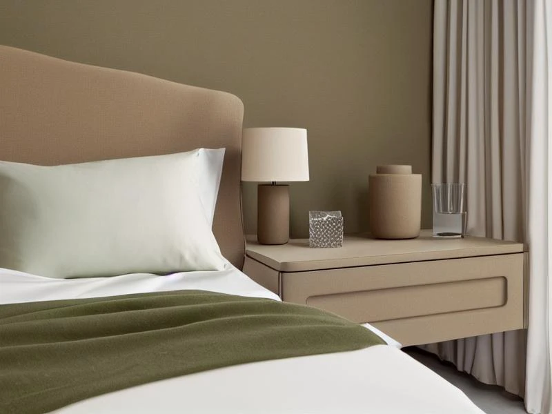 1 luxury minimalistic bed in left, night table right, ((sateen sheets color green ochre)), full crystal panel background, simetric, 4k, arquitecture, minimal furniture, (focus on bed), by Philippe Starck