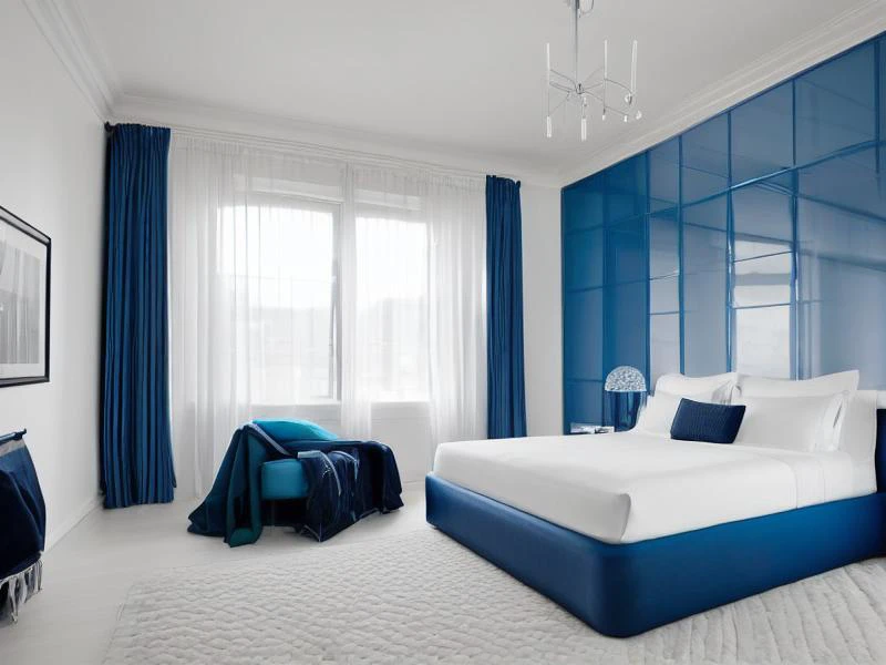 1 modern minimalistic bed in center, ((sateen sheets color blue)), full crystal panel background, simetric, 4k, arquitecture, minimal furniture,  white walls, by Marcel Wanders, (focus on bed)