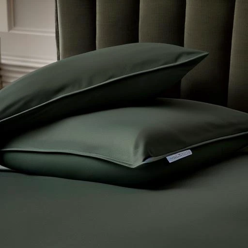 2 luxury minimalistic pillows ((sateen sheets color green ochre)), clean, 4k, arquitecture, minimal furniture, (focus on pillows), by Philippe Starck