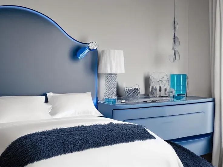 1 modern minimalistic bed in center, ((sateen sheets color blue)), full crystal panel background, simetric, 4k, arquitecture, minimal furniture, by Marcel Wanders, (focus on bed)