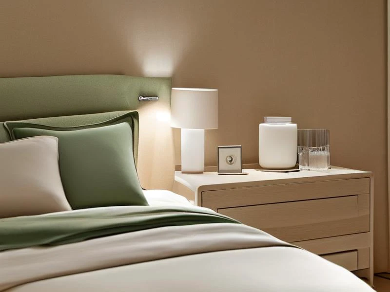 1 luxury minimalistic bed in left, night table right, ((sateen sheets color green ochre)), full crystal panel background, simetric, 4k, arquitecture, minimal furniture, (focus on bed), by Philippe Starck