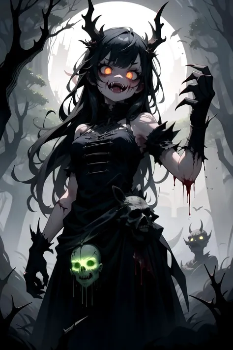 1girl, (solo), dark forest, from below, floating, forest spirit, (monster:1.1), evil grin, feral, bloody frenzy, glowing eyes:0.7, thorns, monster face, claws, very long hair, fangs, evil face, fairy, fiend, shadow creature, Style_SM, horrid dirty hairs, fearsome clothes, horror, unholy, terrifying atmosphere, (masterpiece), (hyper detailed), (intricate detail), [high contrast], 4k, dark colors, dynamic, best quality, absurdres, <lora:StyleSwamp:0.8>,