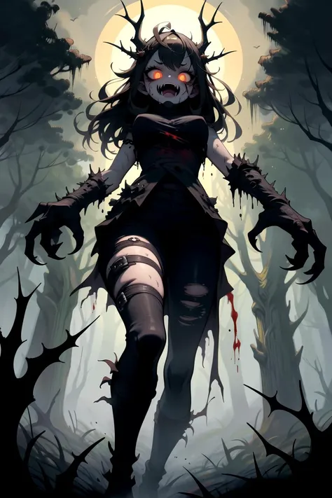 1girl, (solo), dark forest, from below, outstretched arms, forest spirit, (monster:1.1), emotionless, feral, bloody frenzy, glowing eyes:0.7, thorns, monster face, claws, fangs, evil face, dryad:0.9, fairy, fiend, shadow creature, Style_SM, horrid dirty hairs, fearsome clothes, horror, unholy, terrifying atmosphere, (masterpiece), (hyper detailed), (intricate detail), [high contrast], 4k, dark colors, dynamic, best quality, absurdres, <lora:StyleSwamp:0.8>,