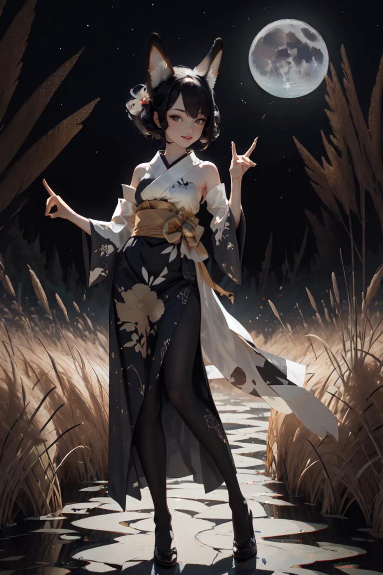 (masterpiece, best quality, ultra detailed), intricate abstract, delicate pattern, detailed background, 1girl, solo, cute, smirk, closed mouth, fullbody shot, dynamic pose, kimono, detached sleeves, pantyhose, fox ears, fox tail, art_deco_fusion, luxurious, glamorous, gilded, symmetry, <lora:art_deco_fusion:0.5>, Style_SM, <lora:StyleSwamp:0.6>, fox shadow puppet, single fox shadow puppet, arm down, <lora:Saya-fox shadow puppet4:1.0>, Japanese_pampas_grass, moon night, outdoors,