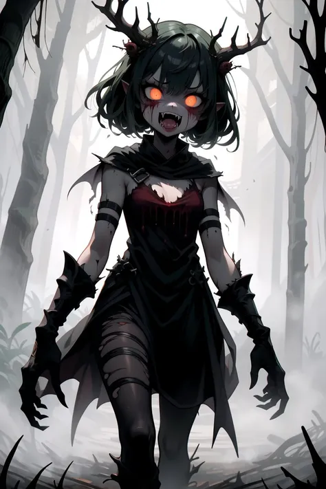1girl, (solo), dark forest, dutch angle, walking, forest spirit, (monster:1.1), feral, bloody frenzy, glowing eyes:0.7, thorns, monster face, claws, fangs, evil face, dryad:0.9, fairy, fiend, shadow creature, Style_SM, horrid dirty hairs, fearsome clothes, horror, unholy, terrifying atmosphere, (masterpiece), (hyper detailed), (intricate detail), [high contrast], 4k, dark colors, dynamic, best quality, absurdres, <lora:StyleSwamp:0.8>,