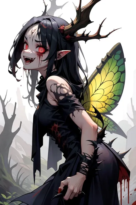 1girl, (solo), dark forest, autumn, from side, outstretched arms, forest spirit, (monster:1.1), evil grin, feral, bloody frenzy, glowing eyes:0.7, thorns, monster face, claws, very long hair, fangs, evil face, (fairy:1.3), fiend, shadow creature, Style_SM, horrid dirty hairs, fearsome clothes, horror, unholy, terrifying atmosphere, (masterpiece), (hyper detailed), (intricate detail), [high contrast], 4k, dark colors, dynamic, best quality, absurdres, <lora:StyleSwamp:0.8>,