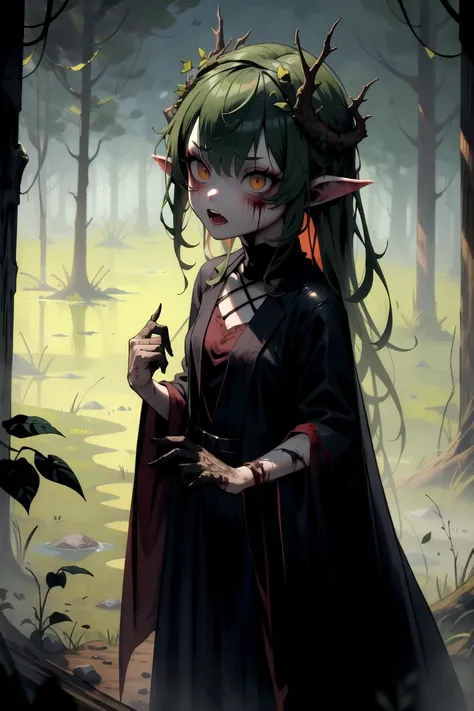 1girl, (solo), dark forest, from above, crawling, forest spirit, monster, bloody frenzy, dryad, fairy, fiend, shadow creature, Style_SM, horrid dirty hairs, fearsome clothes, horror, unholy, terrifying atmosphere, (masterpiece), (hyper detailed), (intricate detail), [high contrast], 4k, dark colors, dynamic, best quality, absurdres, <lora:StyleSwamp:0.8>,