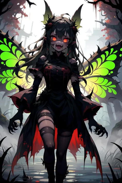 1girl, (solo), dark forest, autumn, dutch angle, walking, forest spirit, (monster:1.1), happy, feral, bloody frenzy, glowing eyes:0.7, thorns, monster face, claws, very long hair, fangs, evil face, (fairy:1.3), (nightmare fairy wings), fiend, shadow creature, Style_SM, horrid dirty hairs, fearsome clothes, horror, unholy, terrifying atmosphere, (masterpiece), (hyper detailed), (intricate detail), [high contrast], 4k, dark colors, dynamic, best quality, absurdres, <lora:StyleSwamp:0.8>,