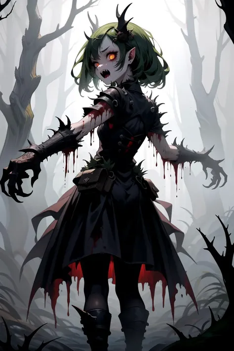 1girl, (solo), dark forest, from behind, outstretched arms, forest spirit, (monster:1.1), feral, bloody frenzy, glowing eyes:0.7, thorns, monster face, claws, fangs, evil face, dryad:0.9, fairy, fiend, shadow creature, Style_SM, horrid dirty hairs, fearsome clothes, horror, unholy, terrifying atmosphere, (masterpiece), (hyper detailed), (intricate detail), [high contrast], 4k, dark colors, dynamic, best quality, absurdres, <lora:StyleSwamp:0.8>,