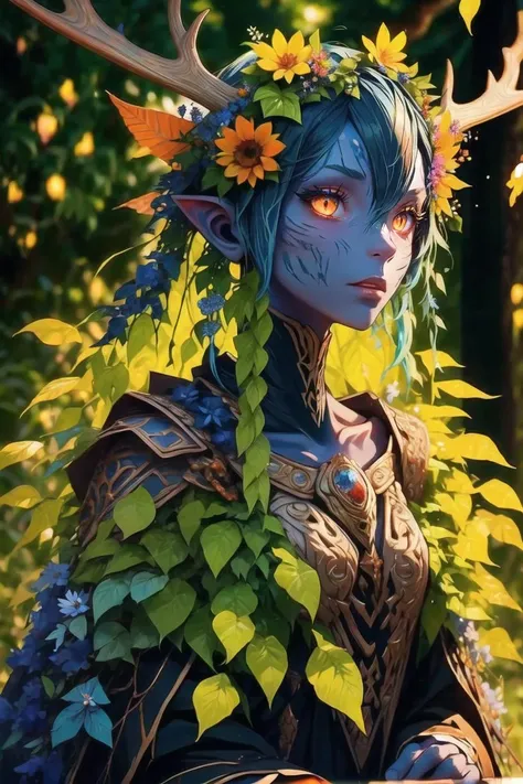 <lora:StyleSwamp:1> Style_SM, 
solo, colored skin, blurry, upper body, blue skin, antlers, flower, glowing, 1girl, yellow eyes, orange eyes, leaf, horns,
masterpiece, best quality,