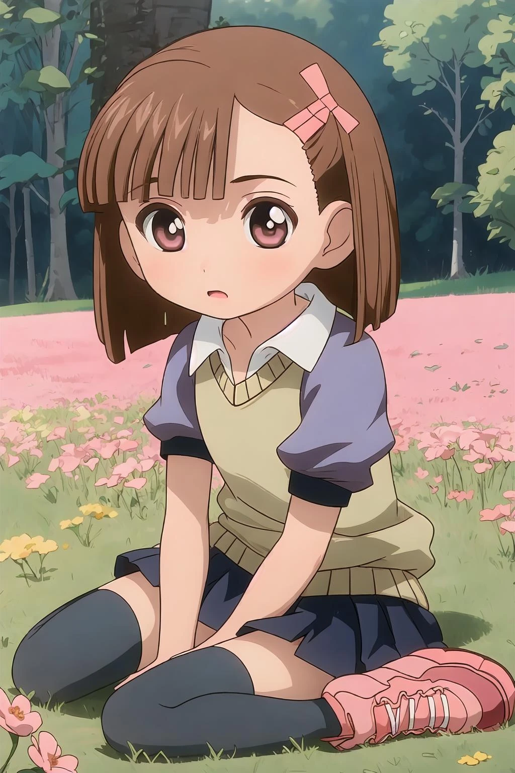 <lora:kinoshita_ringo_v1:1> 1girl, solo, kinoshita ringo, casual outfit, pleated skirt, thighhighs, pink boots, sitting on flower field,