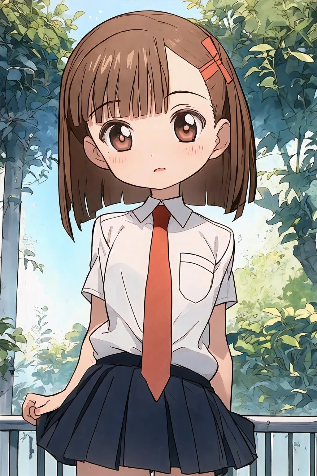 <lora:kinoshita_ringo_v1:1> 1girl, solo, kinoshita ringo, white collared shirt, red necktie, pleated skirt,