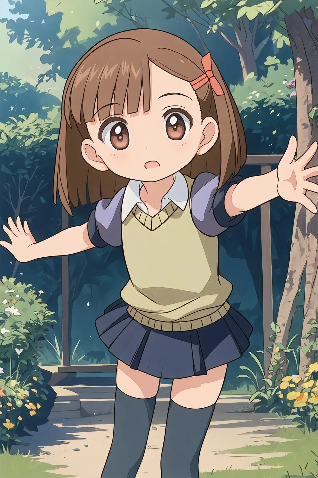 <lora:kinoshita_ringo_v1:1> 1girl, solo, kinoshita ringo, casual outfit, pleated skirt, thighhighs, outstretched arms,