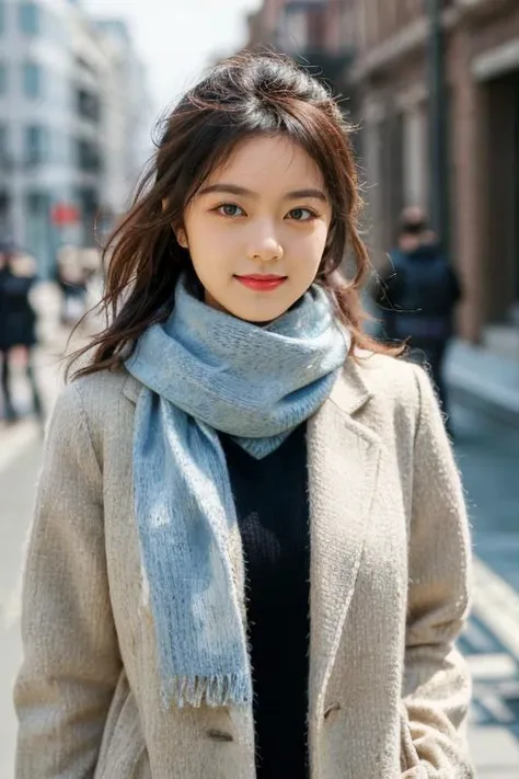 1girl, realistic, ((Masterpiece, best quality,edgQuality)), smug,smirk, edgADC_fashion, a woman with a scarf on is walking down the street ,wearing edgADC,