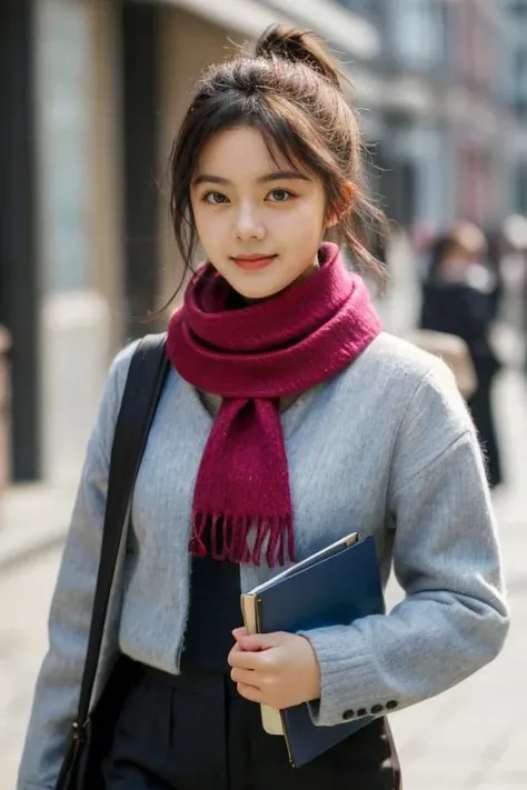 1girl, realistic, ((Masterpiece, best quality,edgQuality)), smug,smirk, edgADC_fashion, a woman with a scarf on is walking down the street ,wearing edgADC,