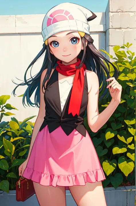 <lora:PKMN_Dawn_v1:1> pkmndawn, 1girl, blue eyes, blue hair, long hair, sidelocks, hairclip, beanie, black dress, sleeveless, pink skirt, scarf, smile, <lora:Range_murata_style_v02:0.8>, absurdres, ultra detailed, masterpiece, best quality, aesthetic, detailed,