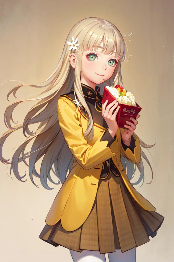 smile, holding food, lots of food, <lora:zs_Rei:1> reipq, green eyes, blonde hair, very long hair, hair ornament, yellow uniform, grey skirt, white pantyhose, cowboy shot, <lora:Range_murata_style_v02:0.8>, absurdres, ultra detailed, masterpiece, best quality, aesthetic, detailed,