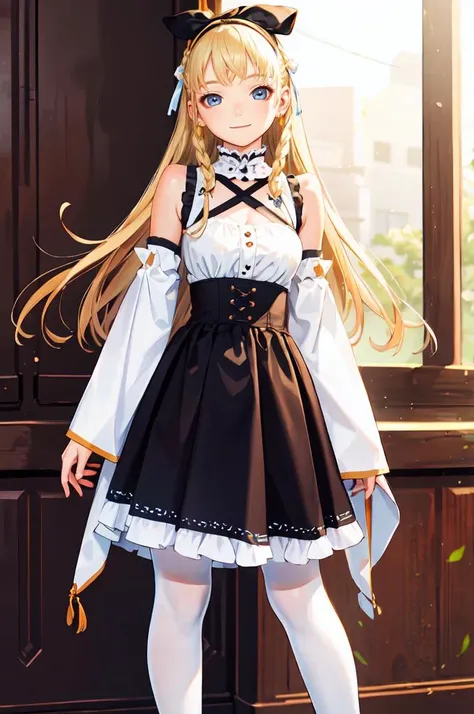 <lora:Range_murata_style_v02:0.8>, ultra detailed, masterpiece, best quality,, solo, soft smile, light smile,
1girl, blue eyes, very long hair, blonde hair, long blonde hair, french braid, bangs, medium breasts,, hair ribbon, frilled choker, criss-cross halter, sleeveless dress, high-waist skirt, backless dress, waist bow, detached sleeves, frilled sleeves, wide sleeves, pantyhose, patterned legwear, mary janes,