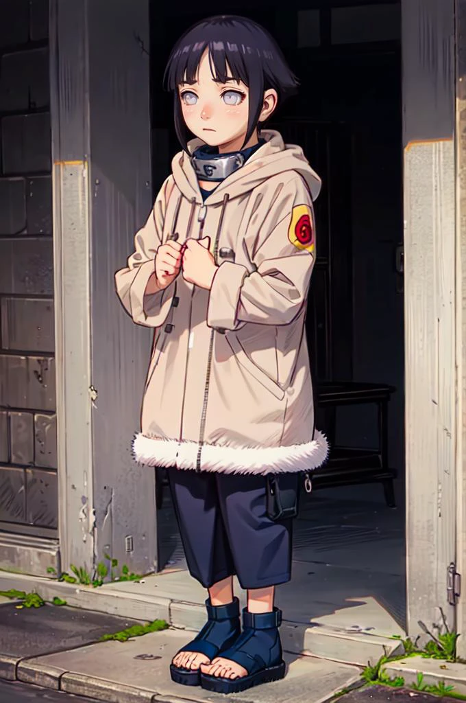 standing, shy, blush, <lora:HinataHyuga:0.8> hyuuga hinata, 1girl, black hair, short hair, white eyes, no pupils, jacket, coat, forehead protector, fur trim, konohagakure symbol, long sleeves, pant, sandals, <lora:Range_murata_style_v02:0.8>, absurdres, ultra detailed, masterpiece, best quality, aesthetic, detailed,